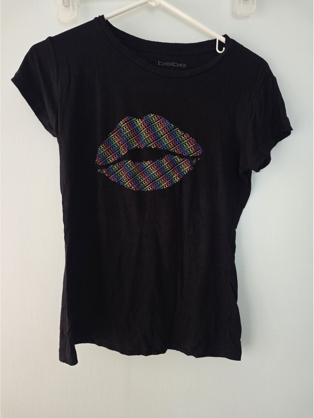 Bebe Lips logo Top Shirt Short Sleeve T-shirt sz M